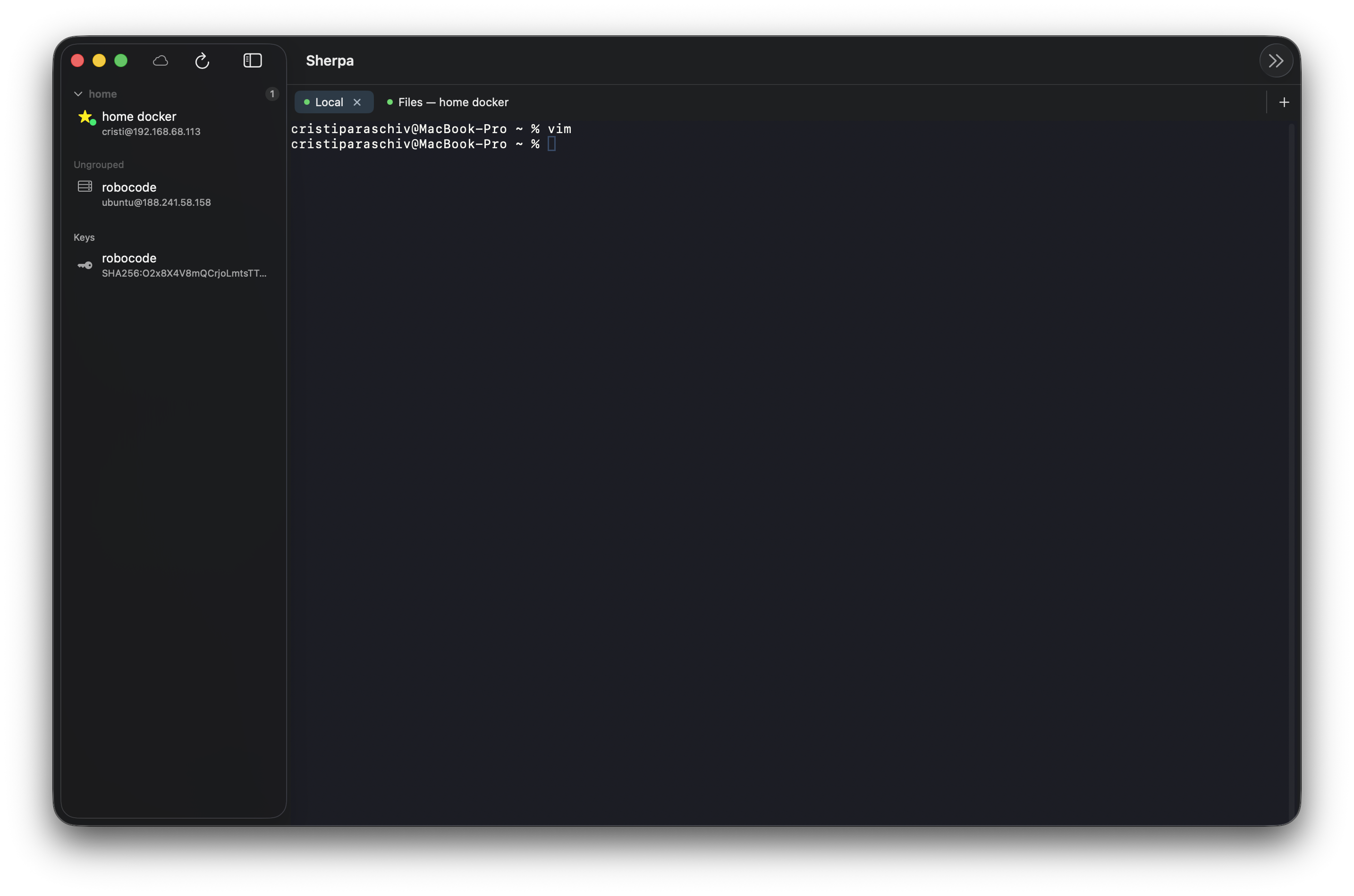 Sherpa SSH terminal with tabbed sessions, server sidebar, and active terminal connection