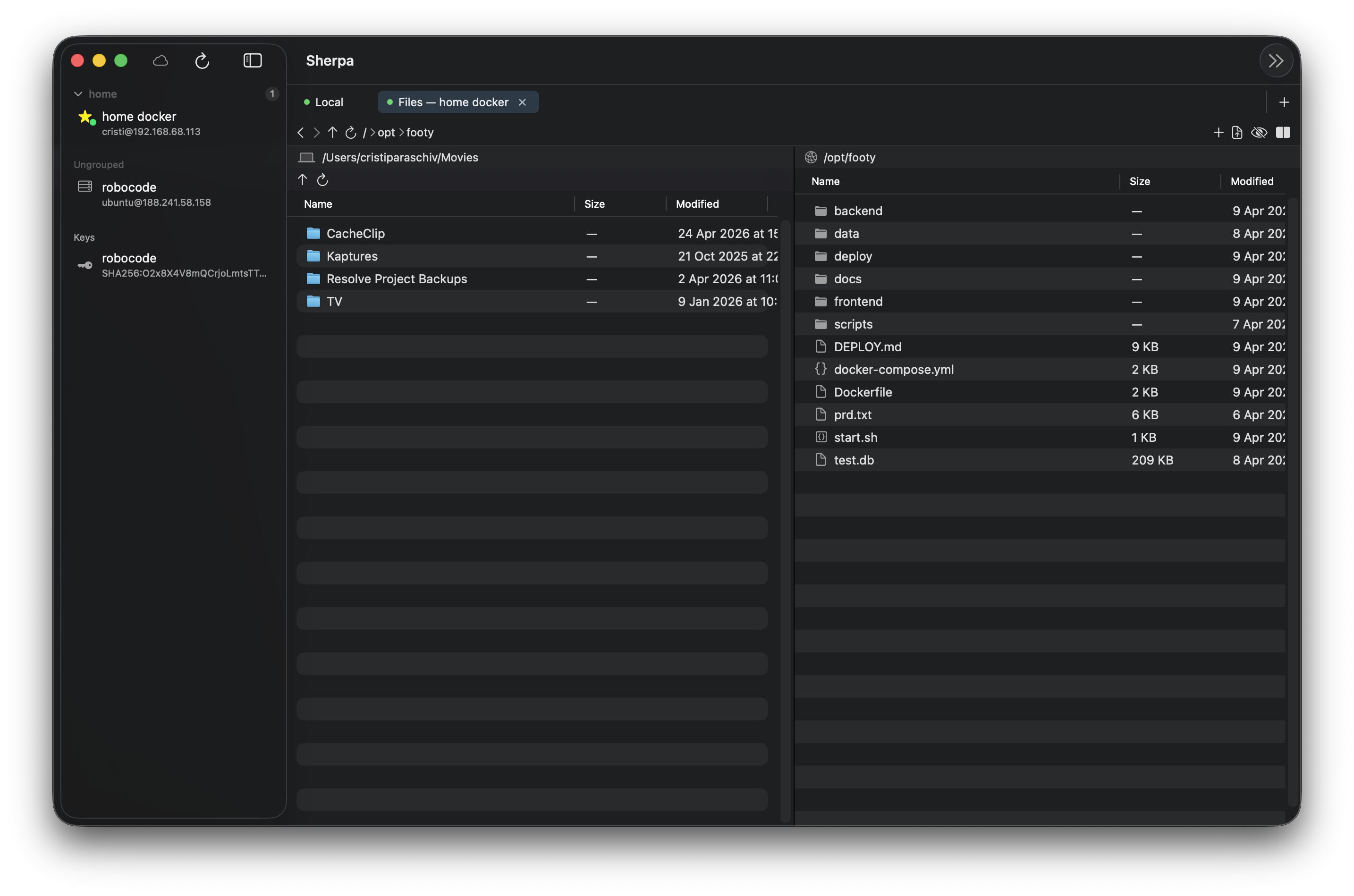 Sherpa SFTP file browser showing local and remote file panes side by side