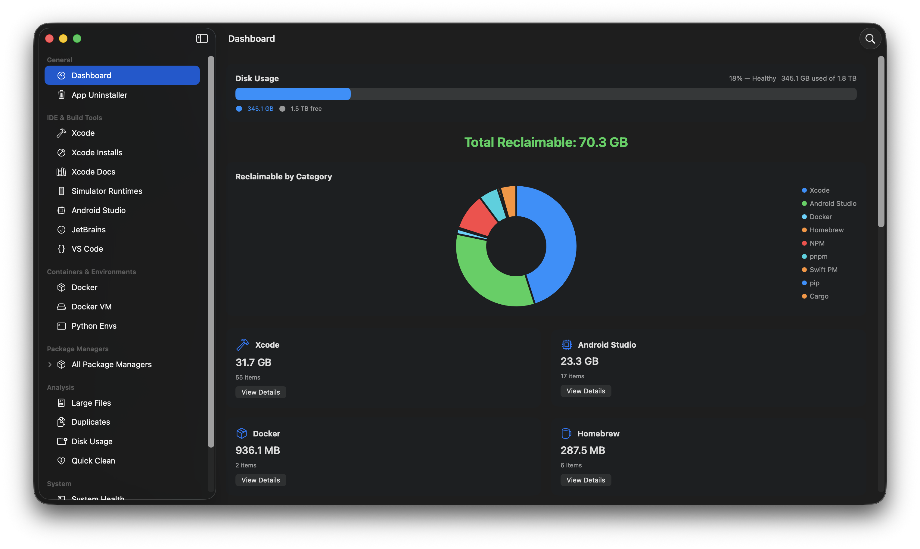 Sweepr Dashboard showing disk usage breakdown and reclaimable space by category