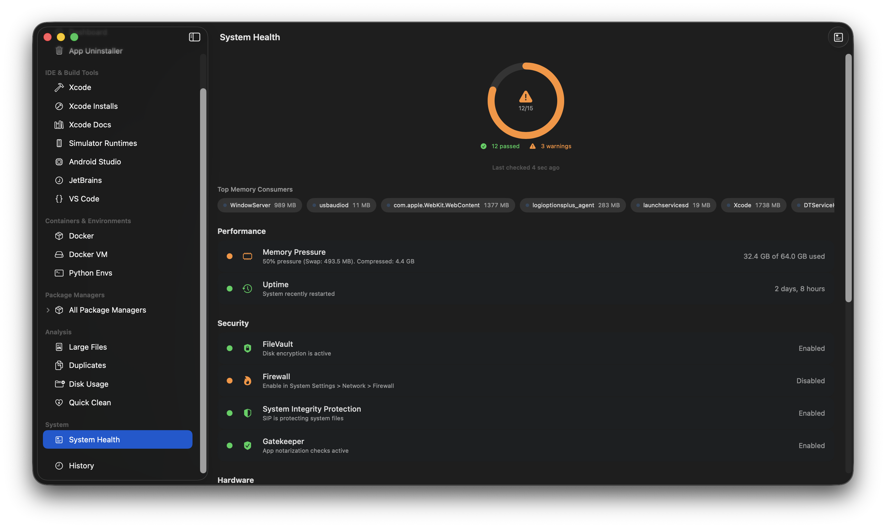 Sweepr System Health view with memory, security, and uptime checks