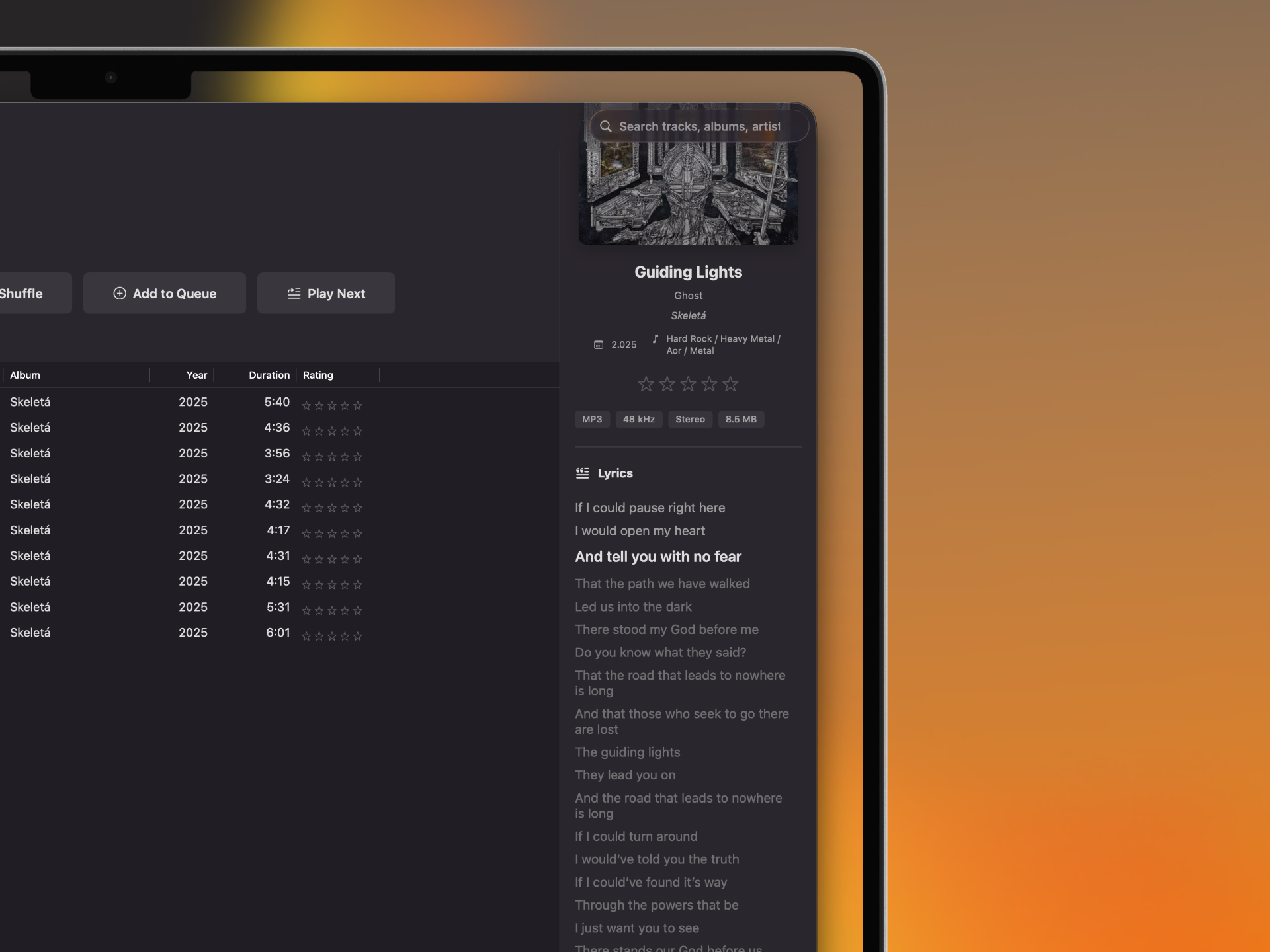 Synced lyrics scrolling in real-time alongside album artwork